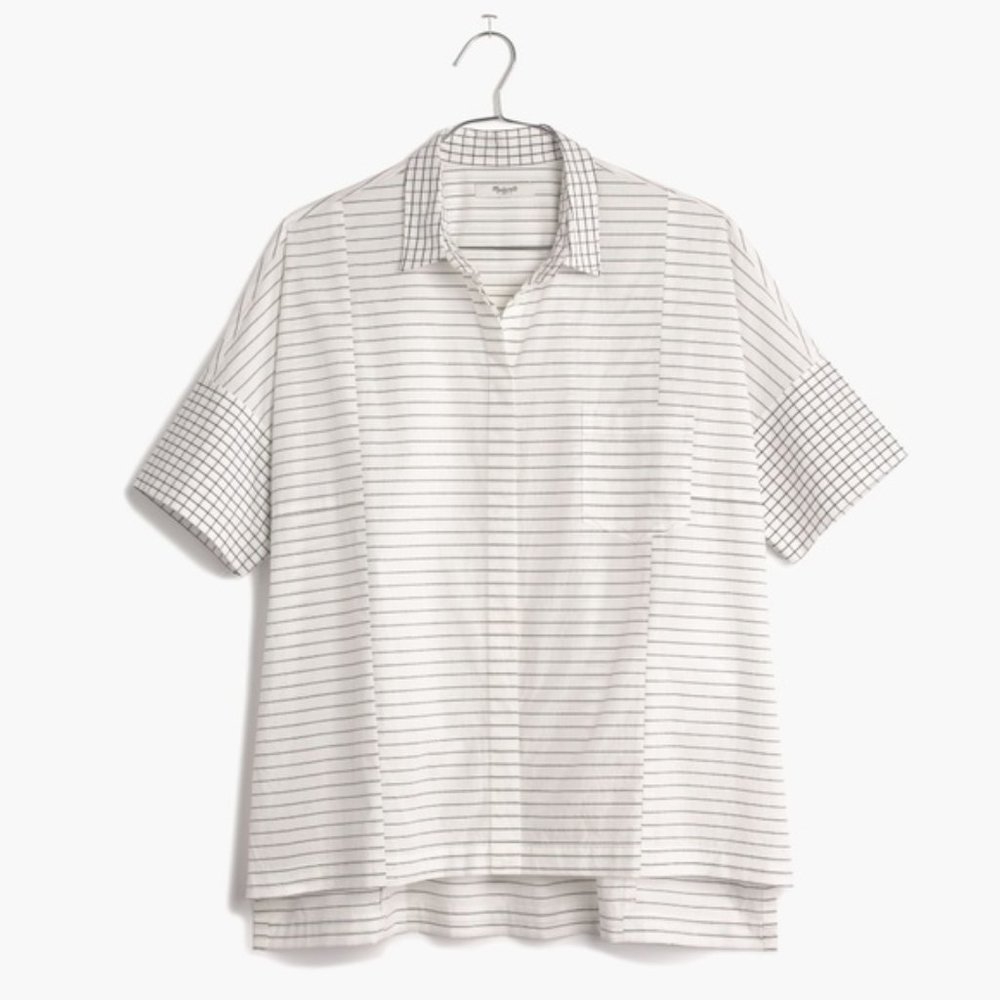 Madewell Grid-Mix oversized relaxed white cotton short sleeve button up C5712